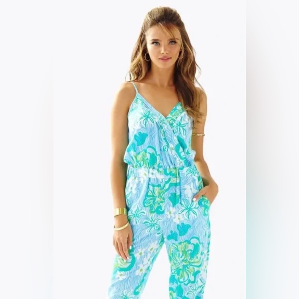 Lilly Pulitzer Melba Lagoon Green Blue Wave Runner Jumpsuit